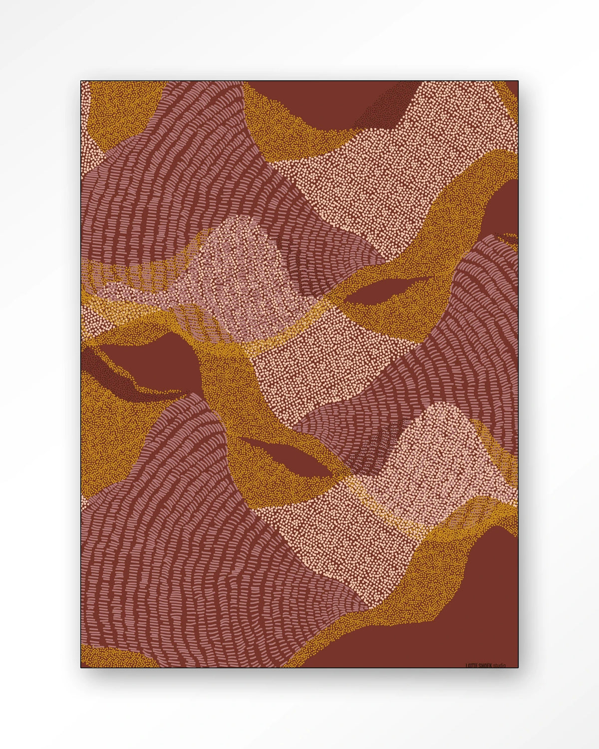 La Ondas – abstract golvend patroon in rood en oker – Wandkleed – Frame – zwart