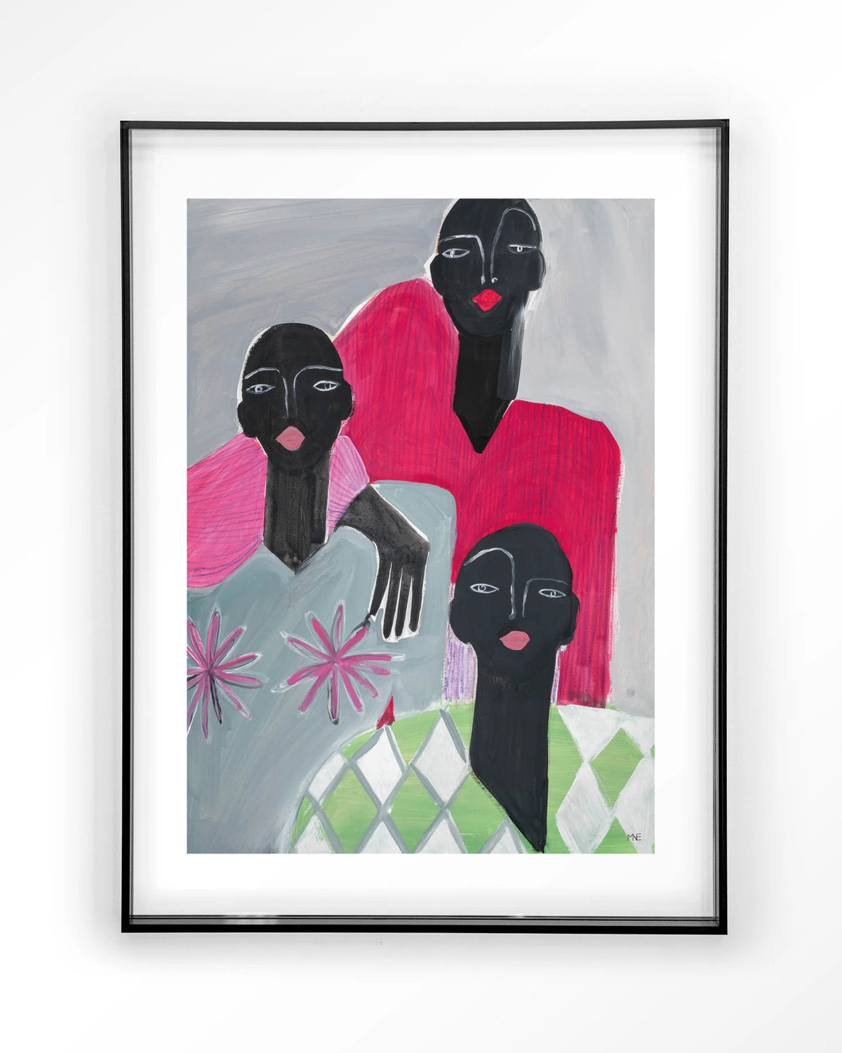 We Are Family – drie vrouwen in roze en grijs – Art print – Acryl zwart