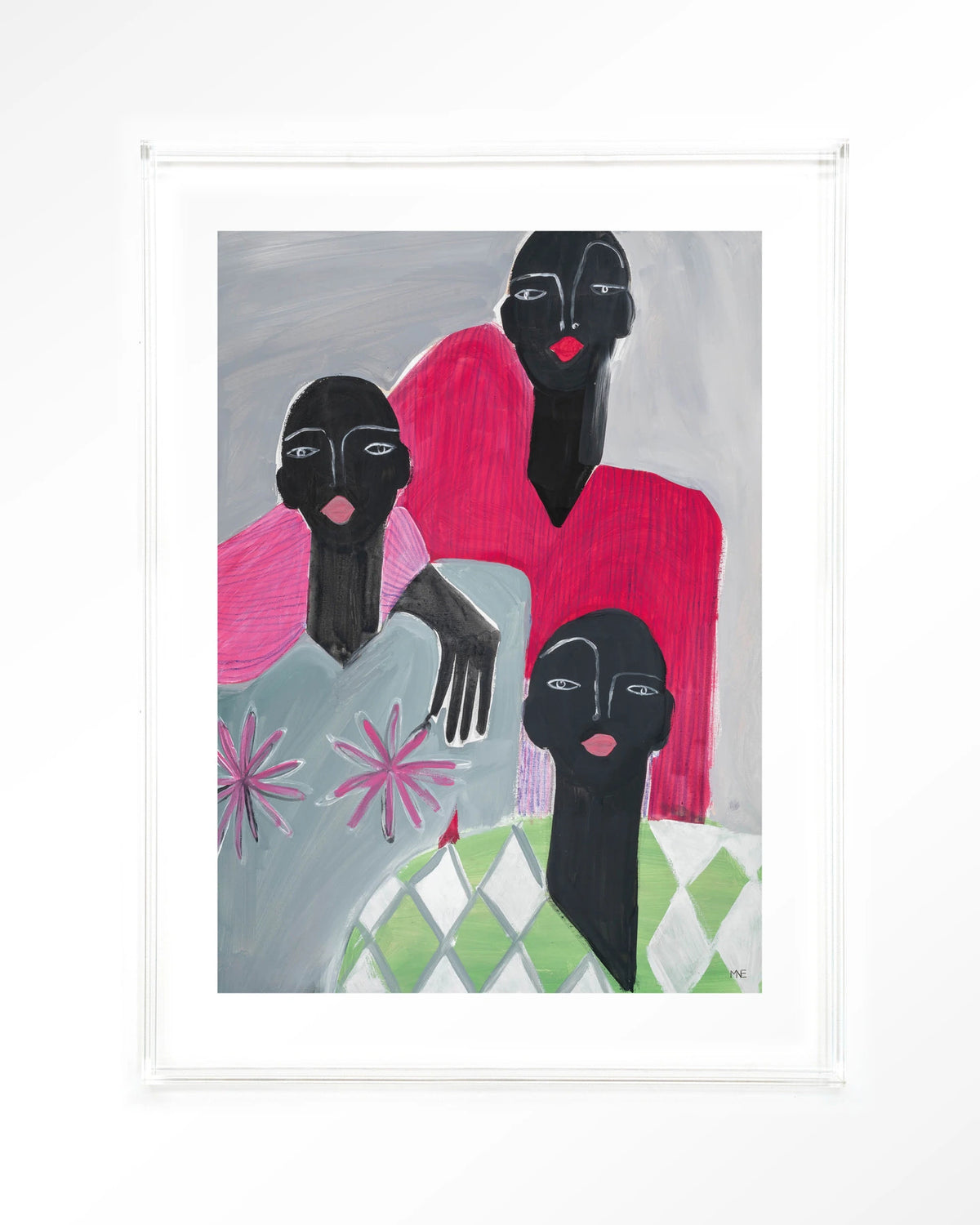 We Are Family – drie vrouwen in roze en grijs – Art print – Acryl doorzichtig