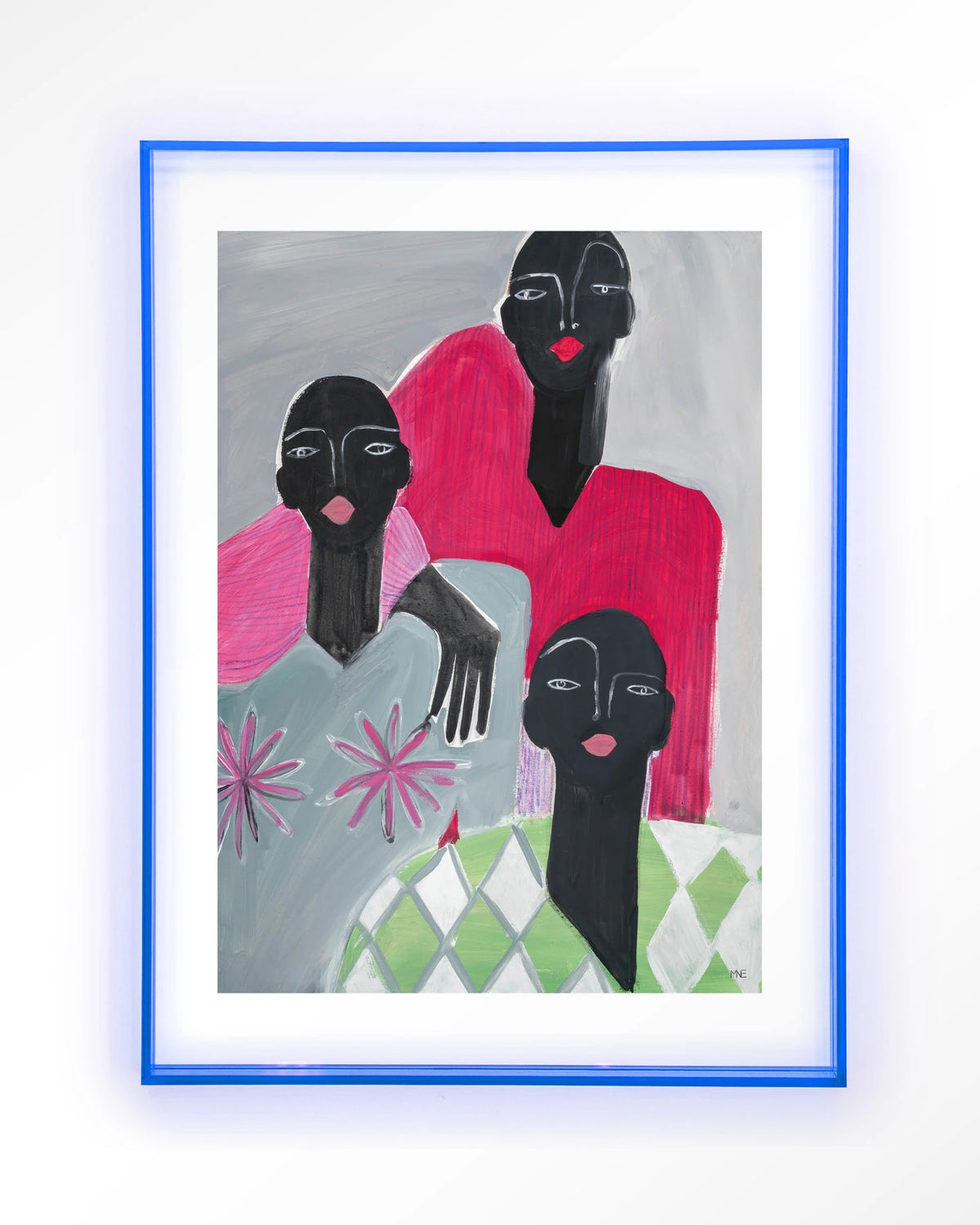We Are Family – drie vrouwen in roze en grijs – Art print – Acryl lichtblauw