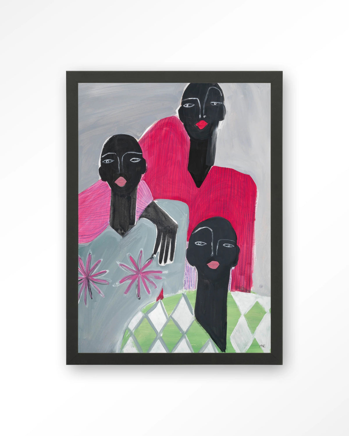 We Are Family – drie vrouwen in roze en grijs – Art print – Hout zwart