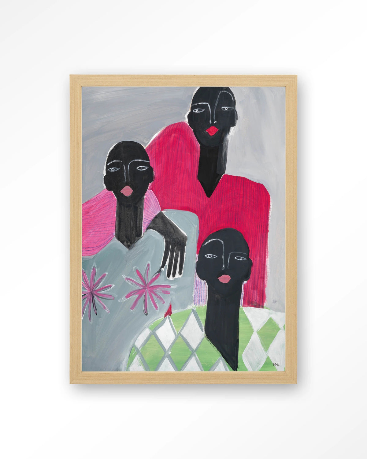 We Are Family – drie vrouwen in roze en grijs – Art print – Hout naturel
