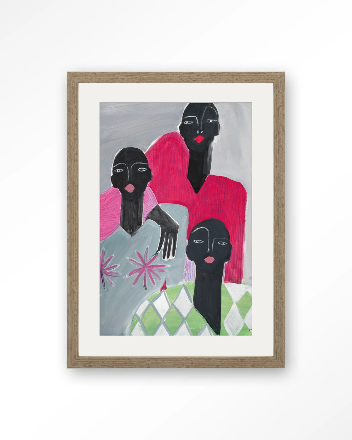 We Are Family – drie vrouwen in roze en grijs – Art print – Hout bruin + passe-partout
