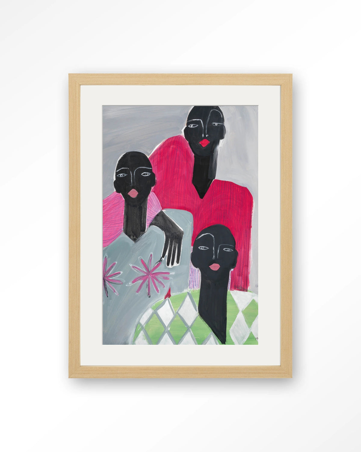 We Are Family – drie vrouwen in roze en grijs – Art print – Hout naturel + passe-partout