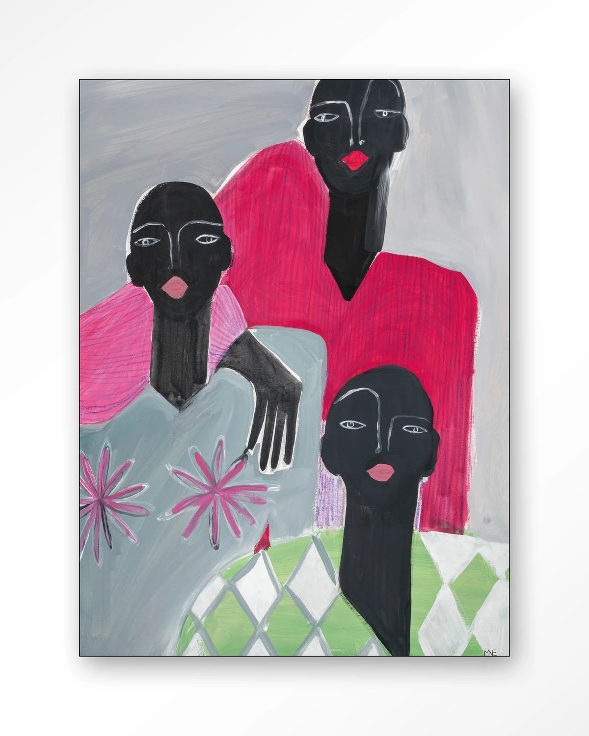 We Are Family – drie vrouwen in roze en grijs – Wandkleed – Frame – zwart