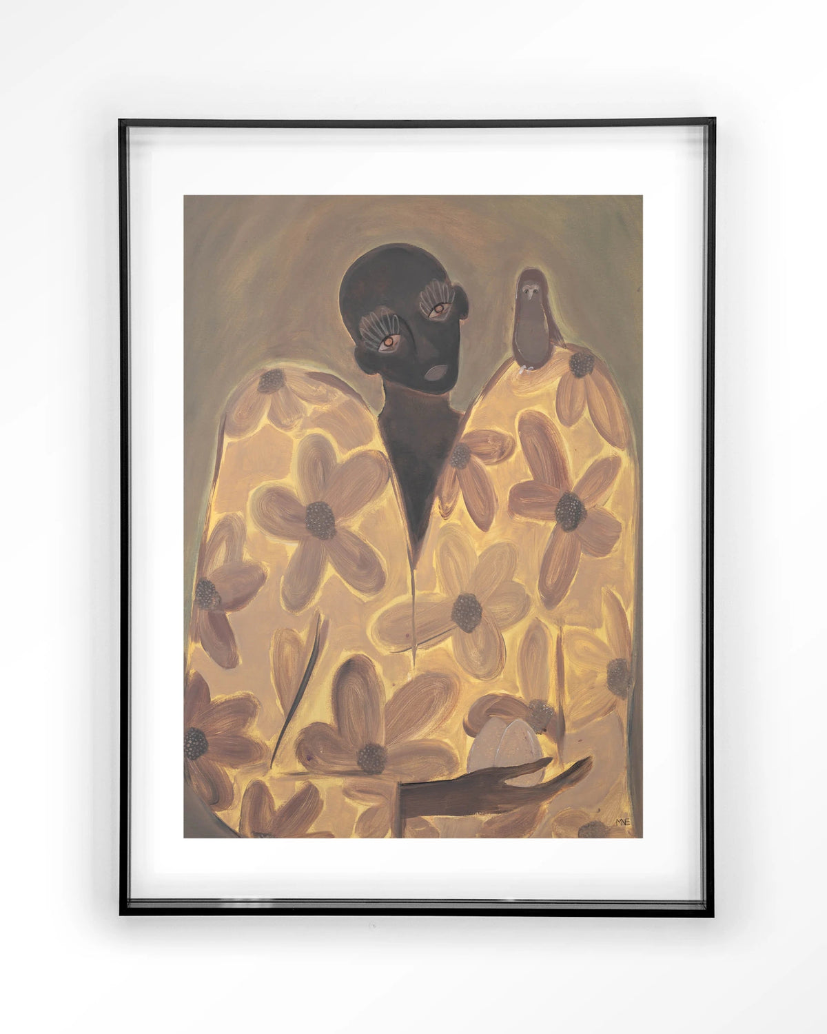 Twins – figuur met bloemenjas en vogel – Art print – Acryl zwart
