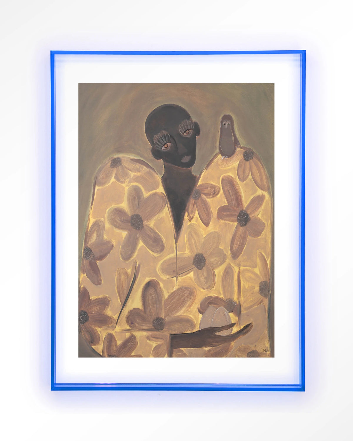 Twins – figuur met bloemenjas en vogel – Art print – Acryl lichtblauw