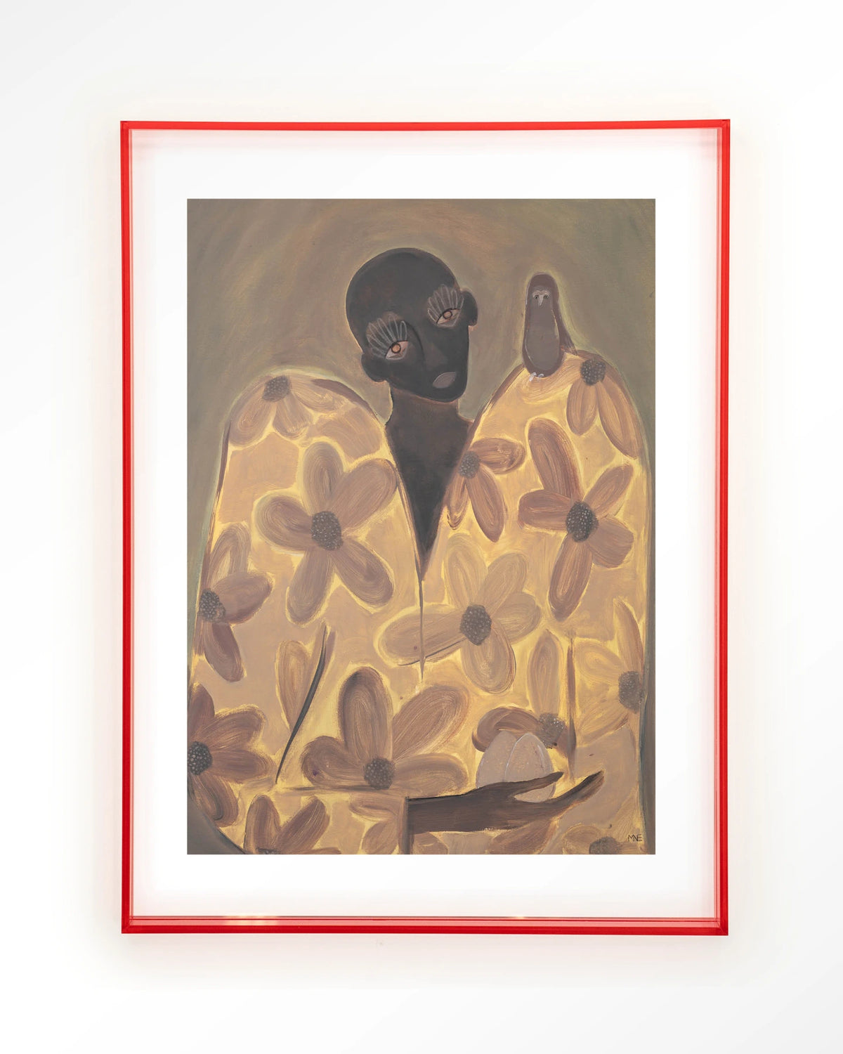 Twins – figuur met bloemenjas en vogel – Art print – Acryl roze