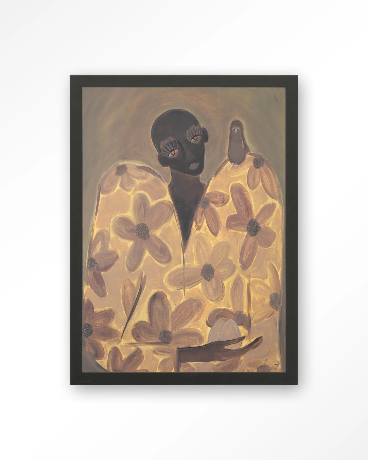 Twins – figuur met bloemenjas en vogel – Art print – Hout zwart