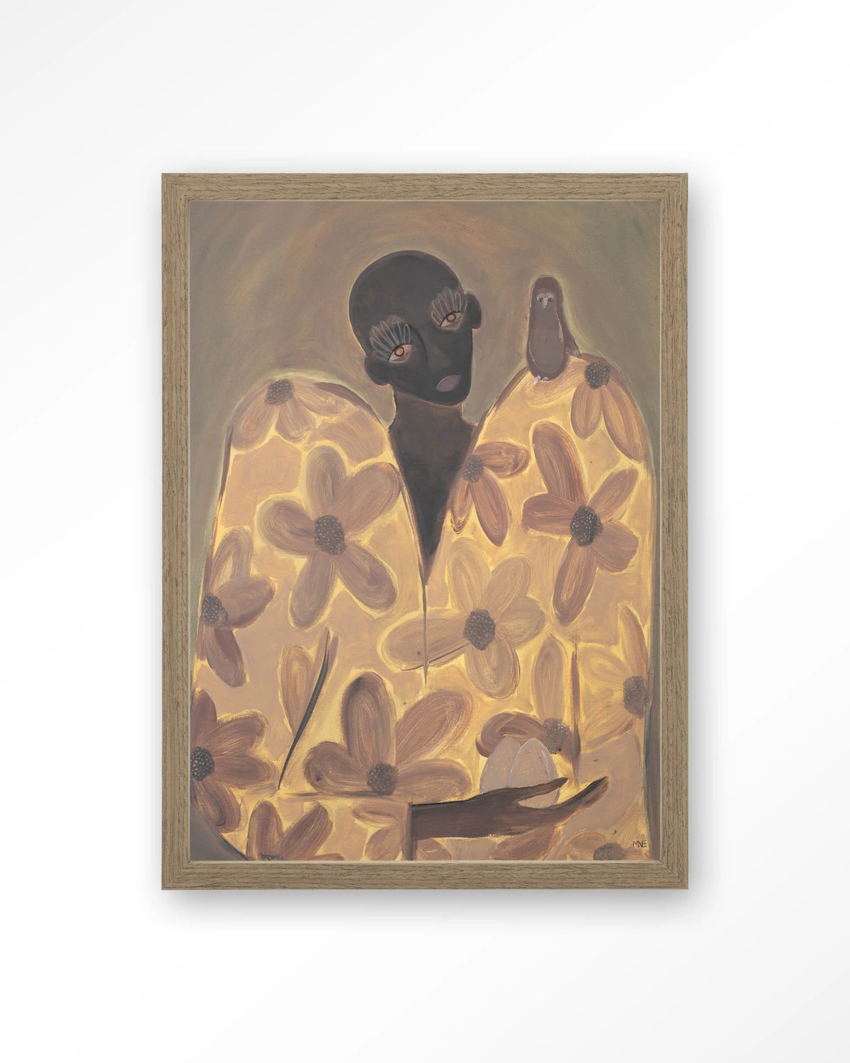 Twins – figuur met bloemenjas en vogel – Art print – Hout bruin