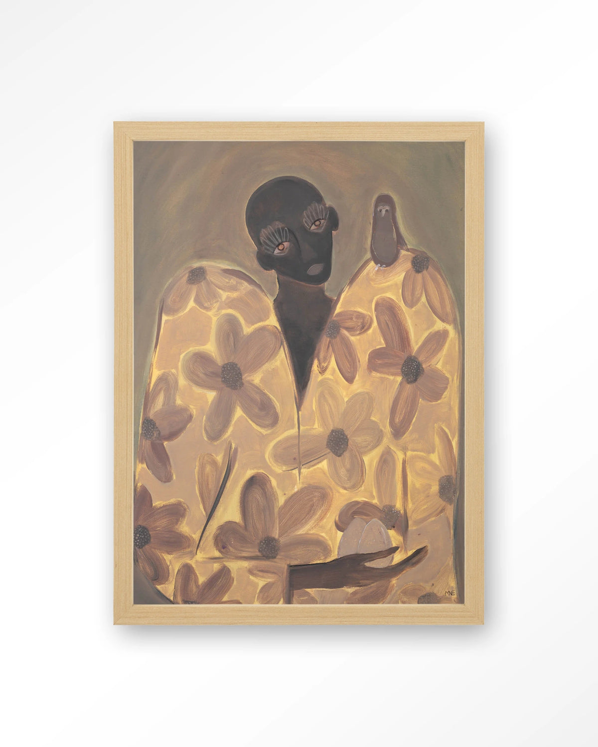 Twins – figuur met bloemenjas en vogel – Art print – Hout naturel
