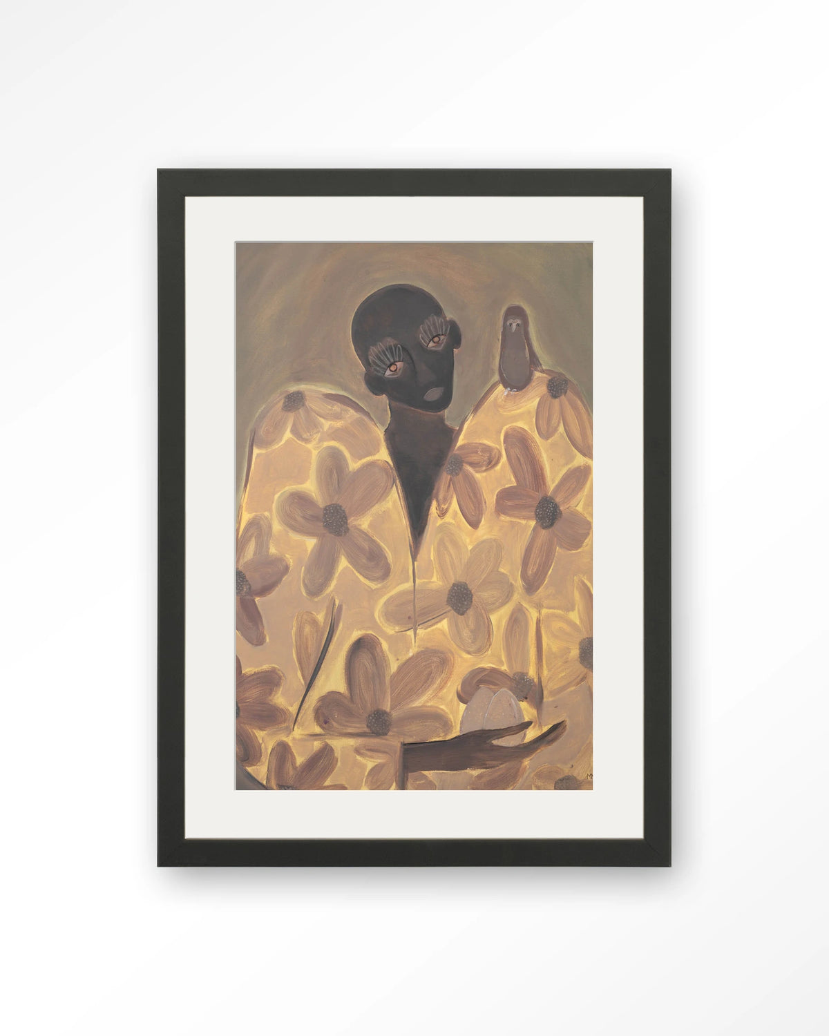 Twins – figuur met bloemenjas en vogel – Art print – Hout zwart + passe-partout
