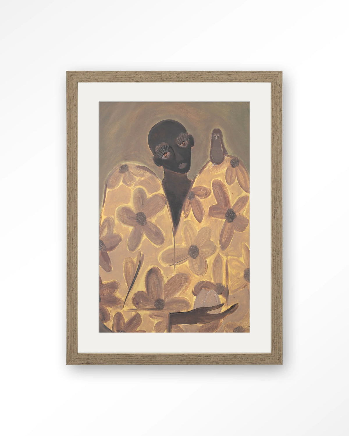 Twins – figuur met bloemenjas en vogel – Art print – Hout bruin + passe-partout
