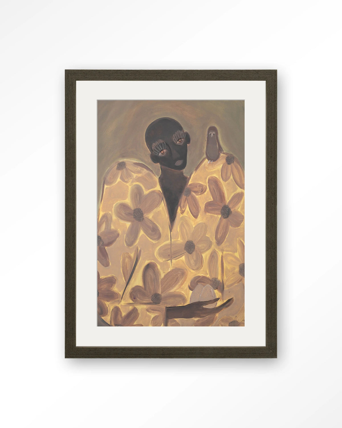 Twins – figuur met bloemenjas en vogel – Art print – Hout donkerbruin + passe-partout
