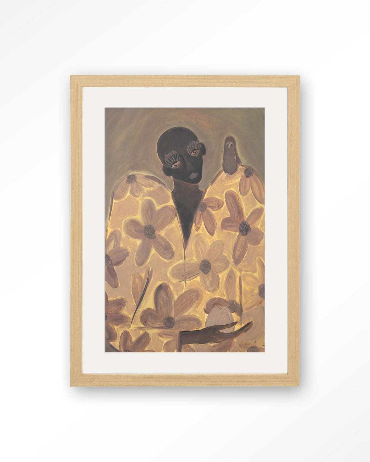 Twins – figuur met bloemenjas en vogel – Art print – Hout naturel + passe-partout