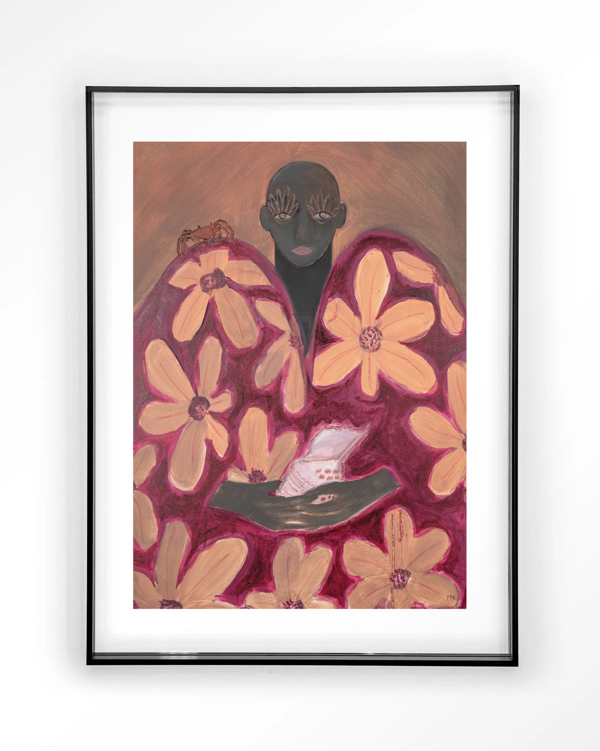 Borrowed Home – figuur met oranje bloemen – Art print – Acryl zwart