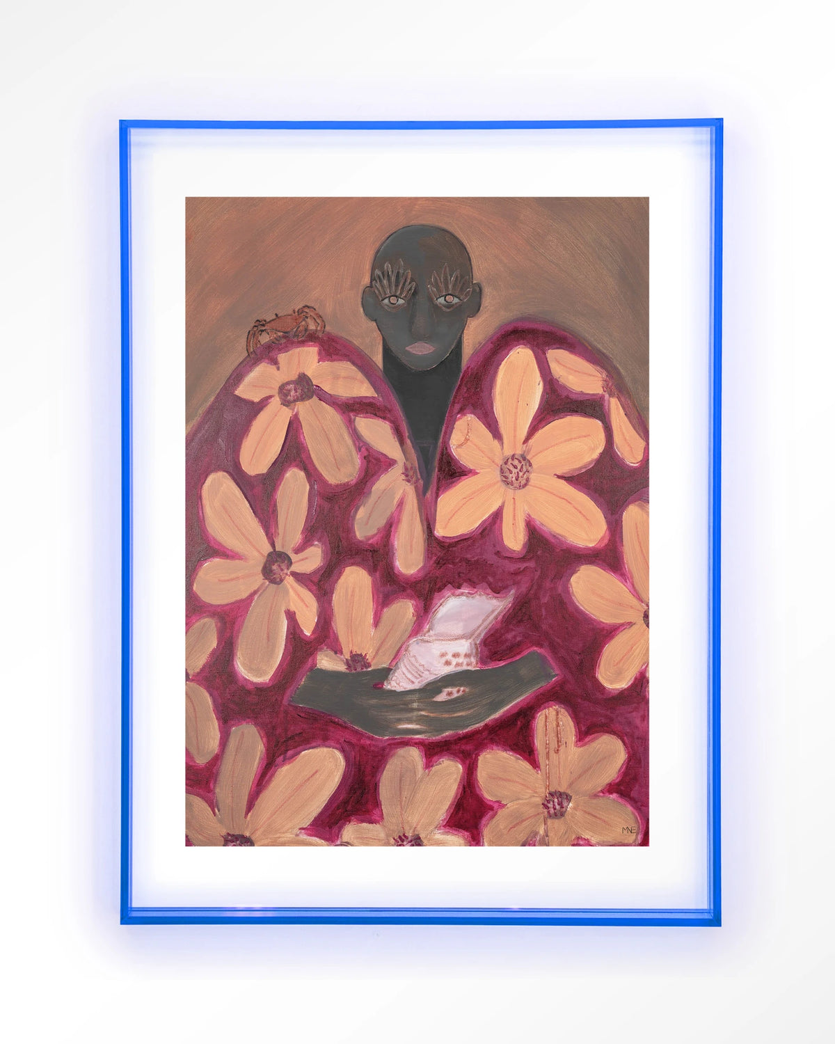 Borrowed Home – figuur met oranje bloemen – Art print – Acryl lichtblauw