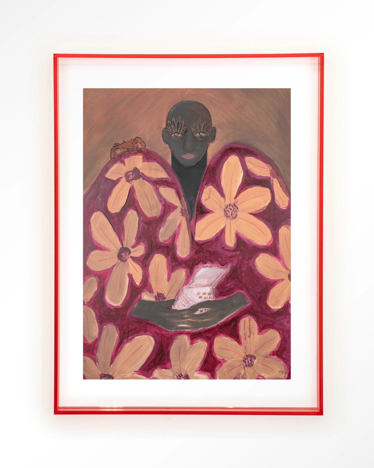 Borrowed Home – figuur met oranje bloemen – Art print – Acryl roze