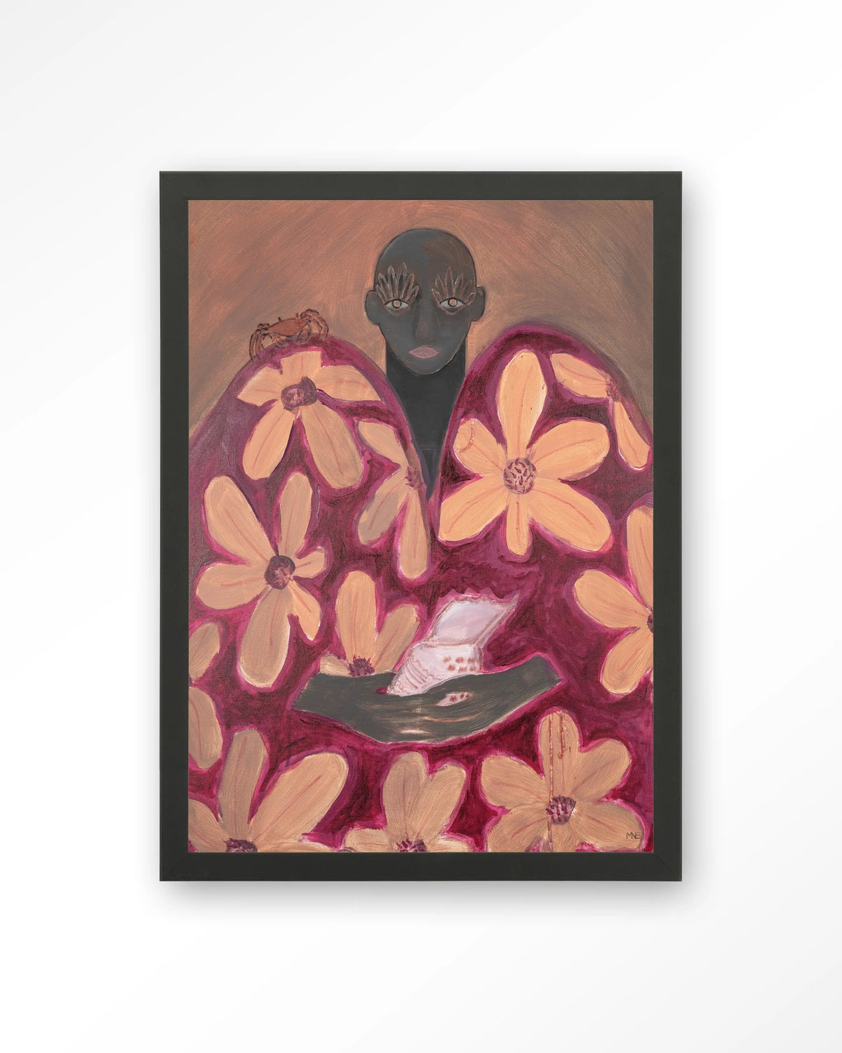 Borrowed Home – figuur met oranje bloemen – Art print – Hout zwart