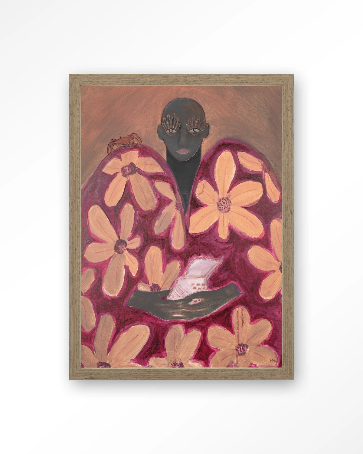 Borrowed Home – figuur met oranje bloemen – Art print – Hout bruin