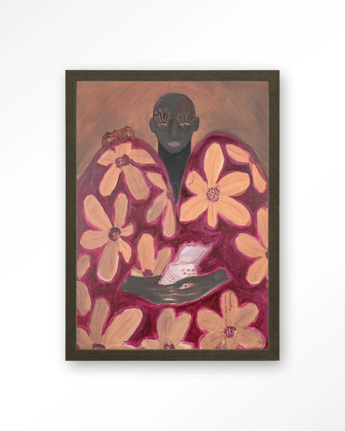 Borrowed Home – figuur met oranje bloemen – Art print – Hout donkerbruin
