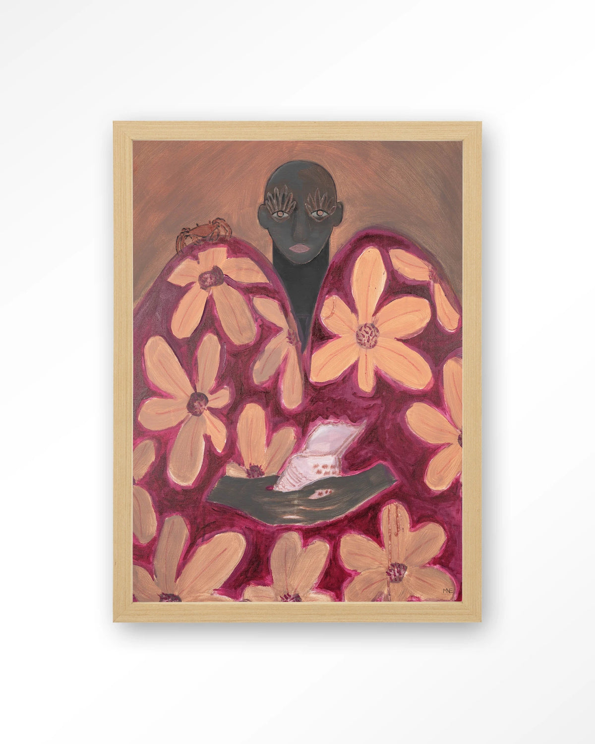 Borrowed Home – figuur met oranje bloemen – Art print – Hout naturel