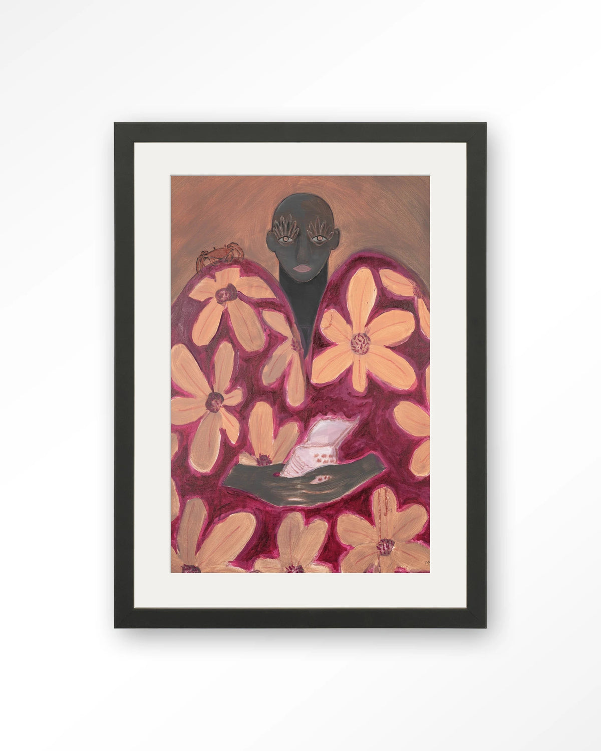 Borrowed Home – figuur met oranje bloemen – Art print – Hout zwart + passe-partout