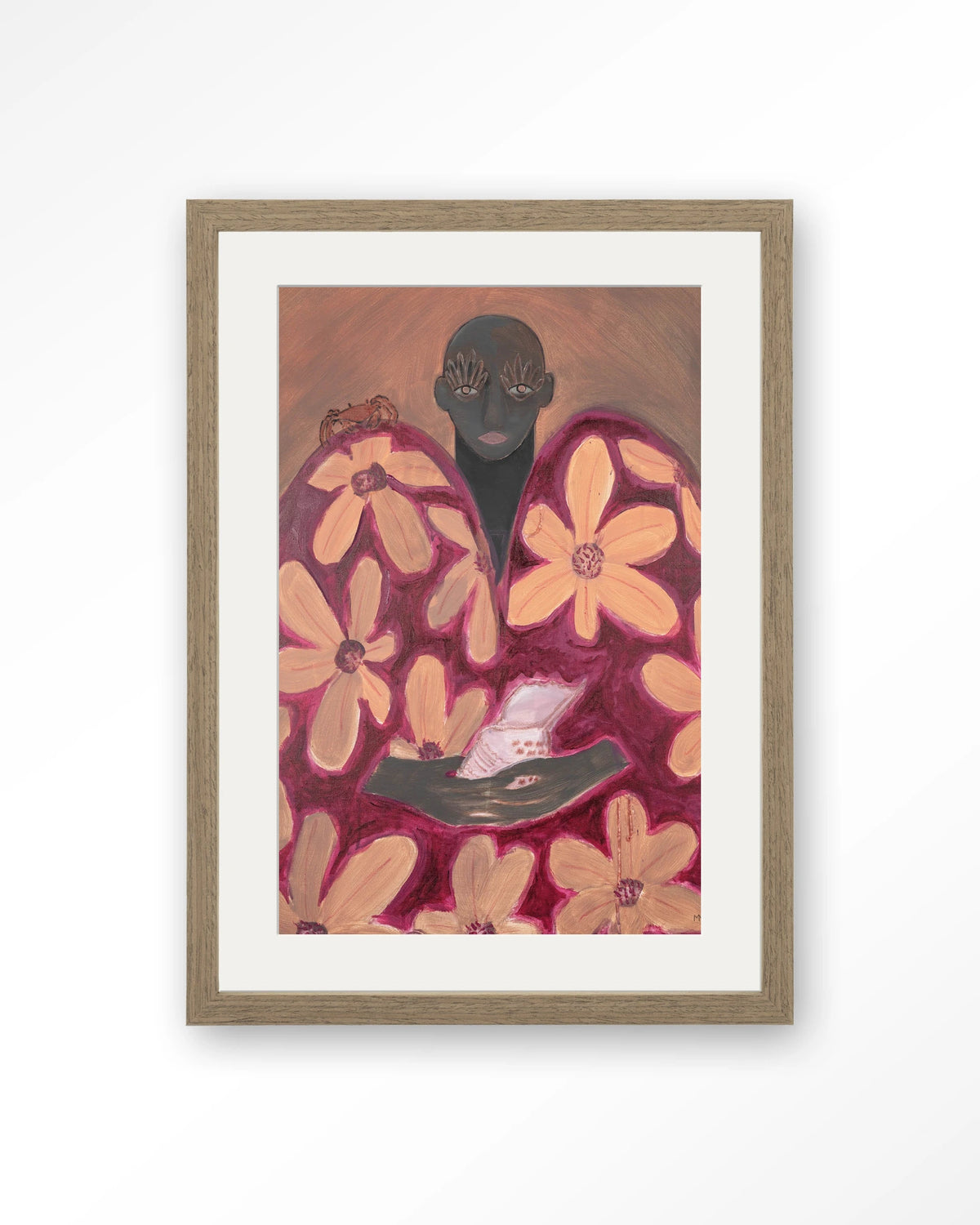 Borrowed Home – figuur met oranje bloemen – Art print – Hout bruin + passe-partout