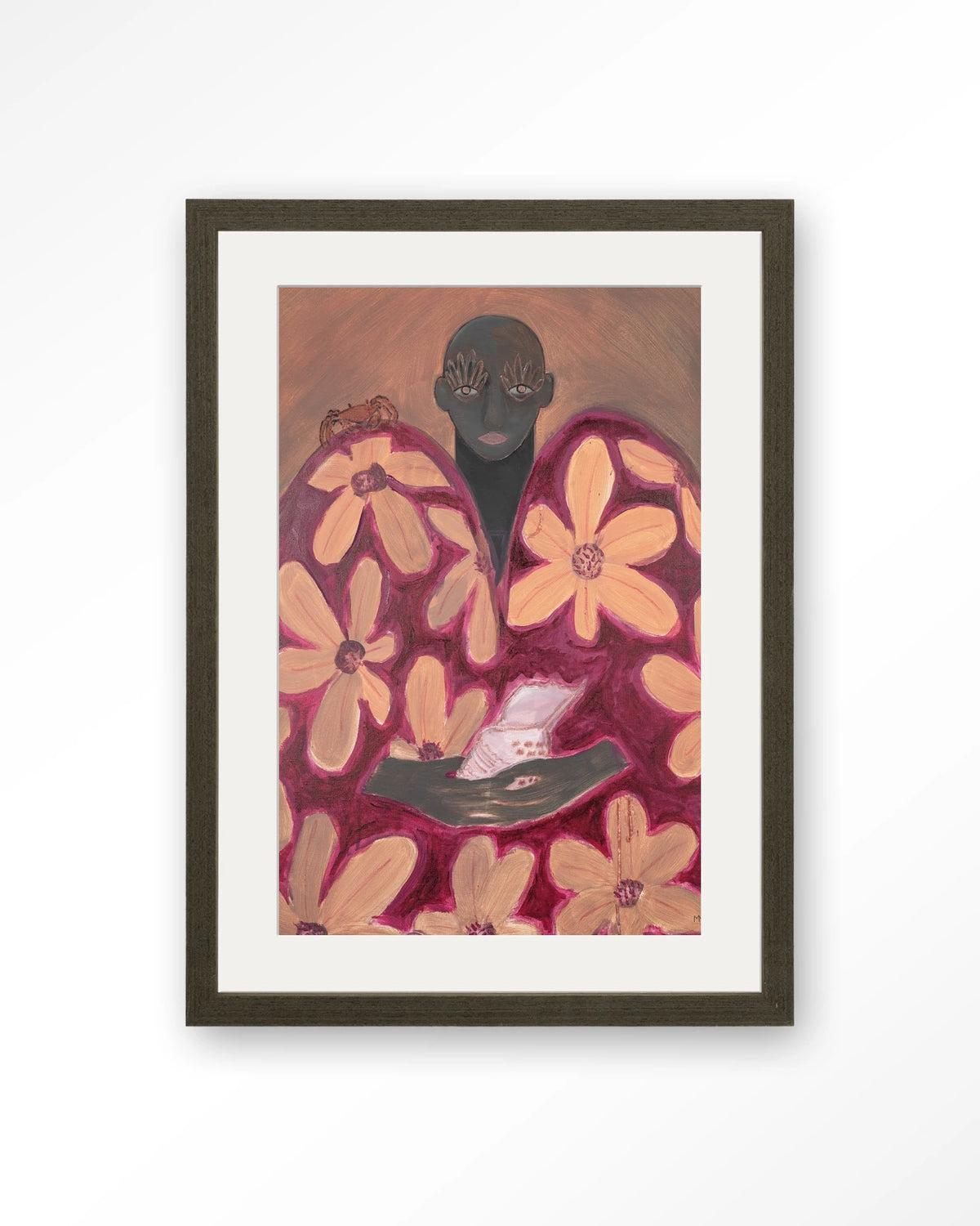 Borrowed Home – figuur met oranje bloemen – Art print – Hout donkerbruin + passe-partout