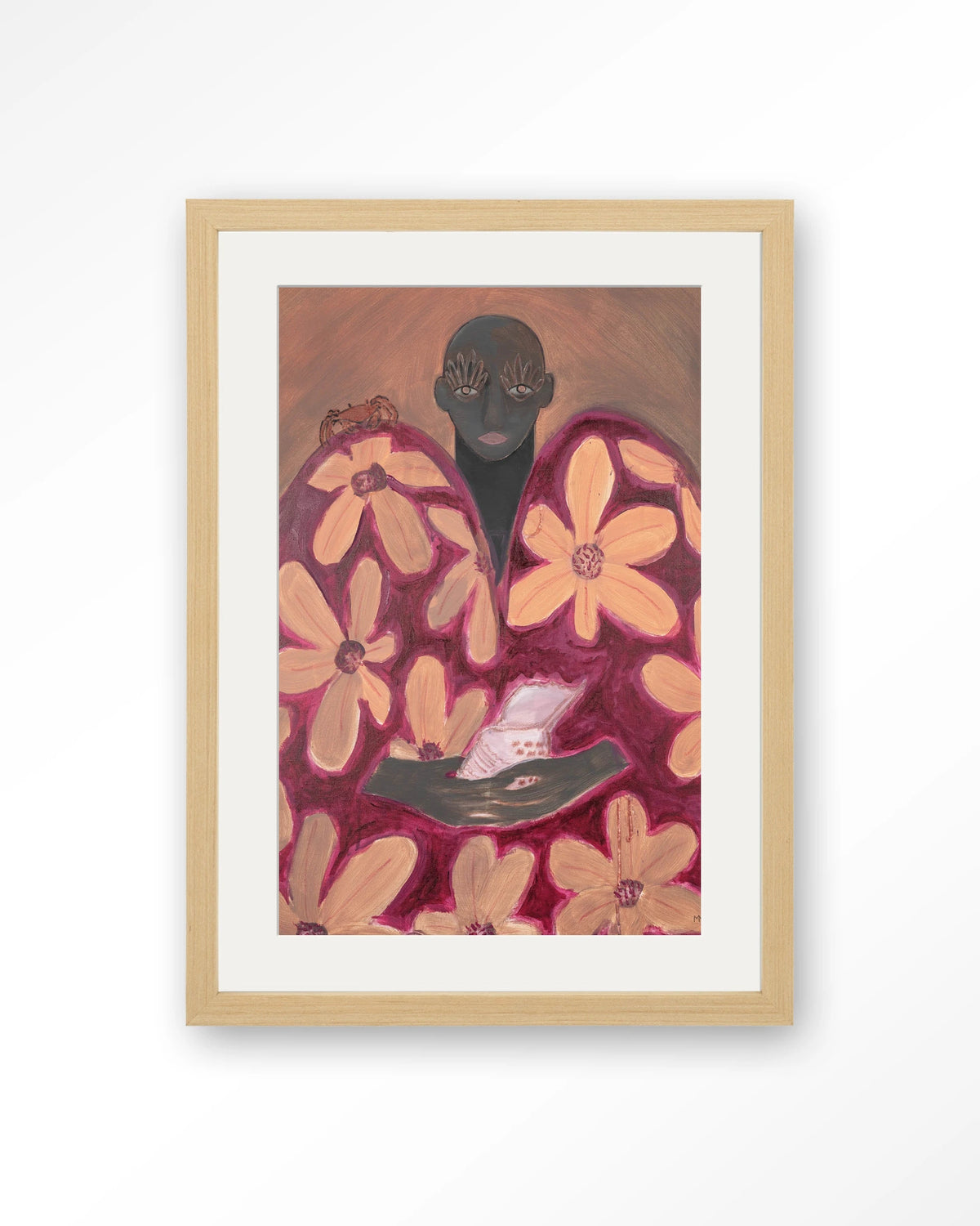 Borrowed Home – figuur met oranje bloemen – Art print – Hout naturel + passe-partout