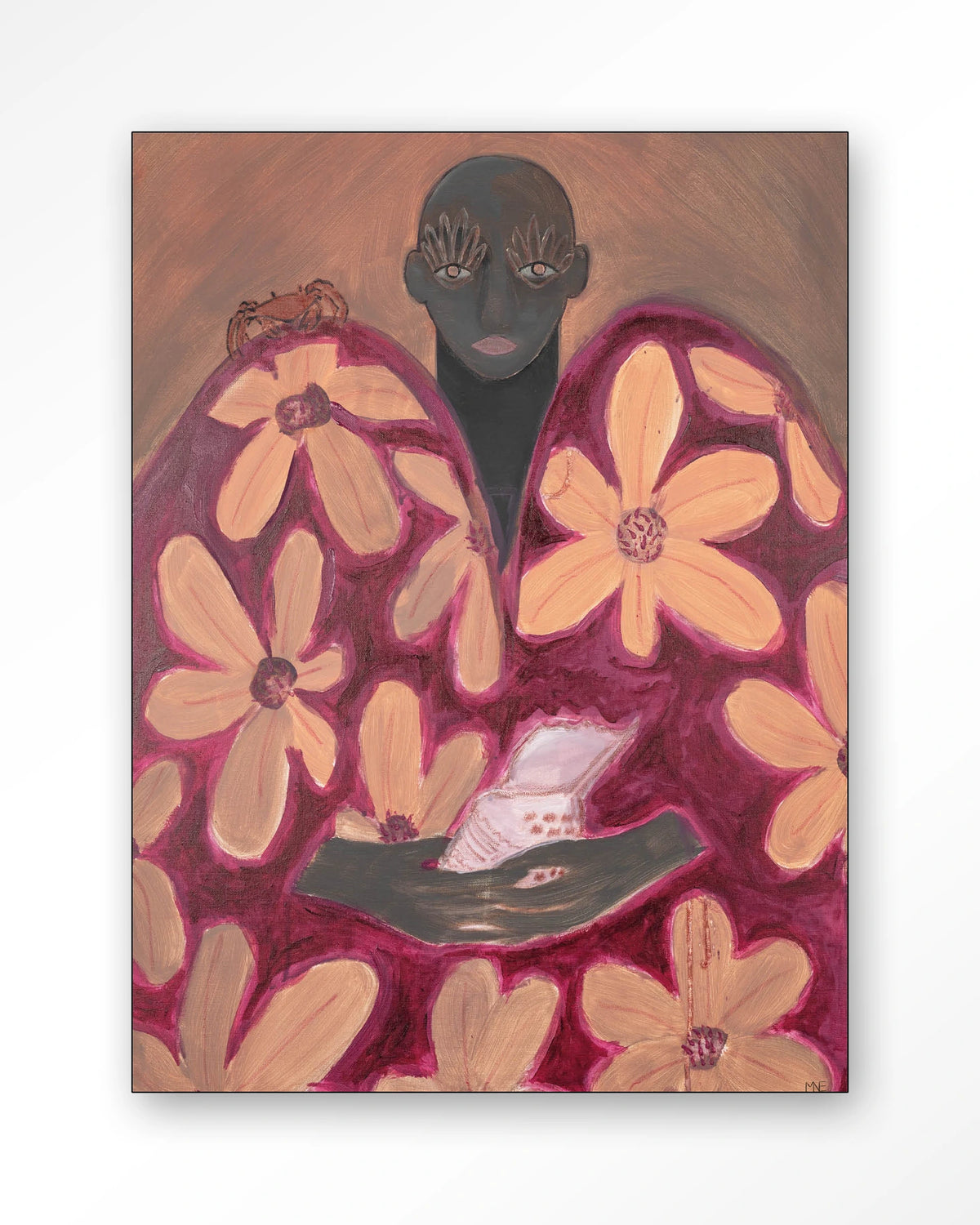 Borrowed Home – figuur met oranje bloemen – Wandkleed – Frame – zwart