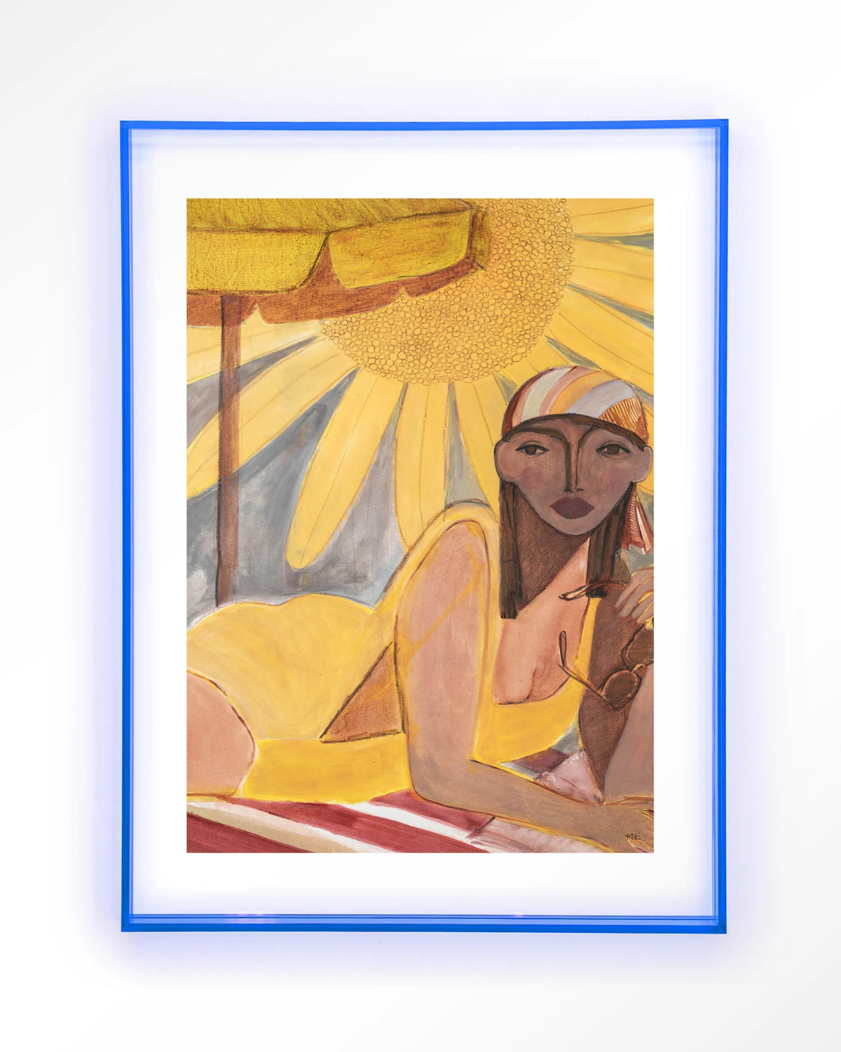 Sunflower Sun – vrouw op strand met zon – Art print – Acryl lichtblauw