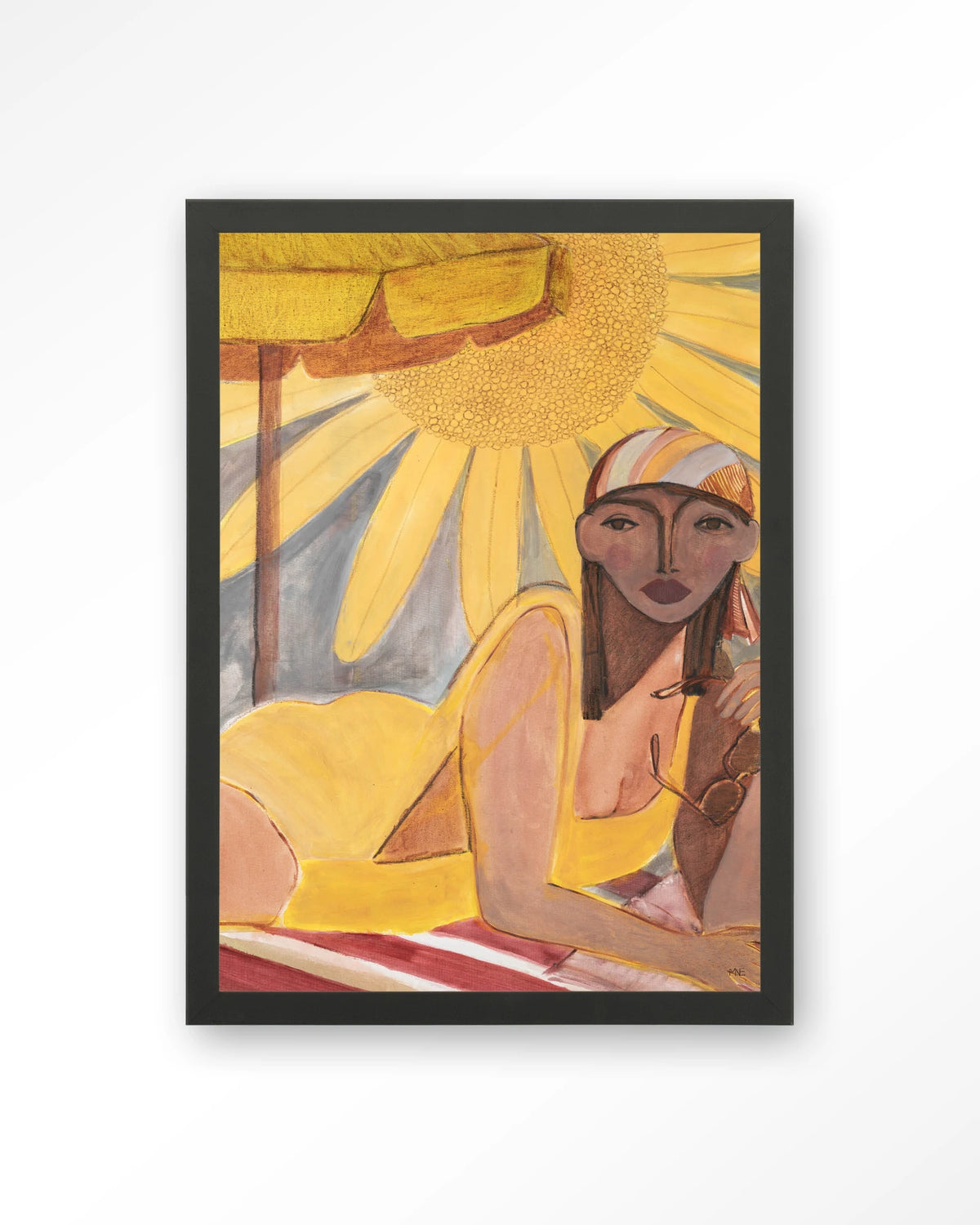 Sunflower Sun – vrouw op strand met zon – Art print – Hout zwart