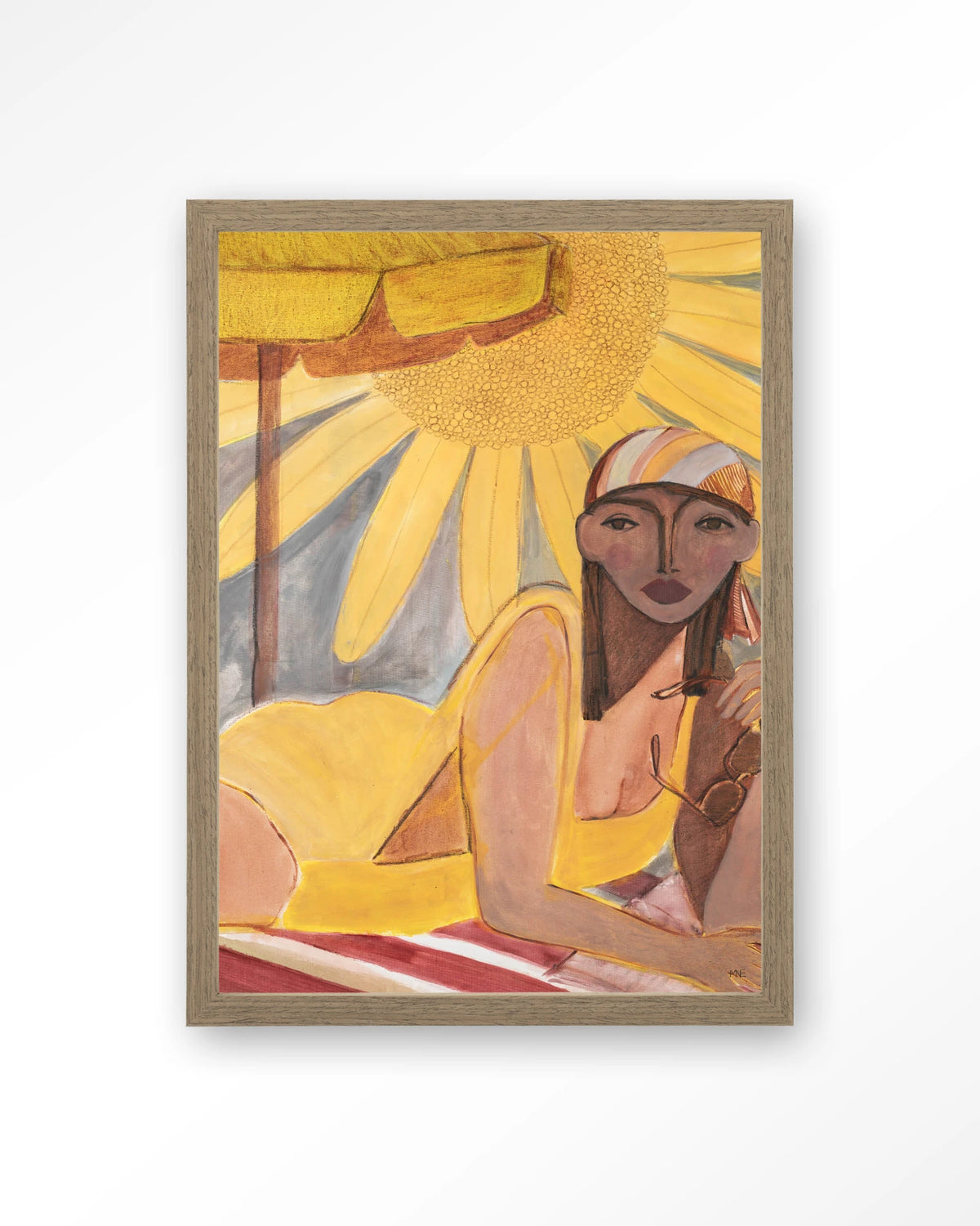 Sunflower Sun – vrouw op strand met zon – Art print – Hout bruin