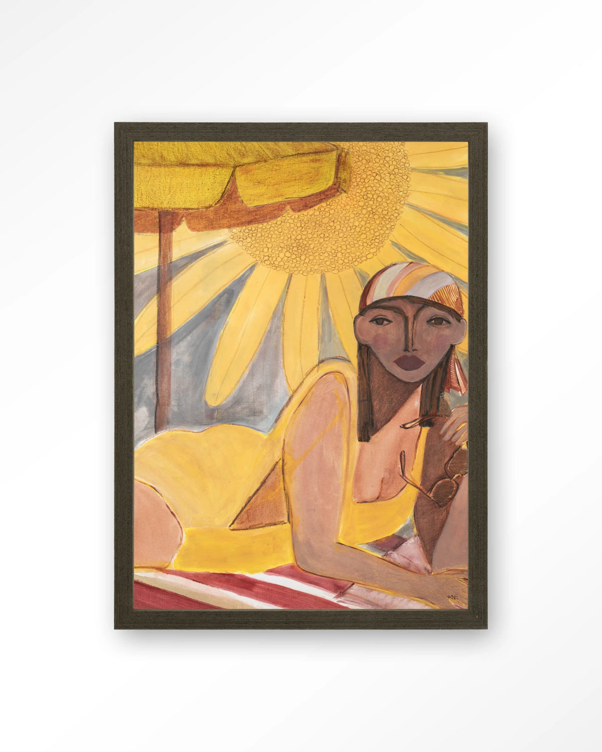 Sunflower Sun – vrouw op strand met zon – Art print – Hout donkerbruin