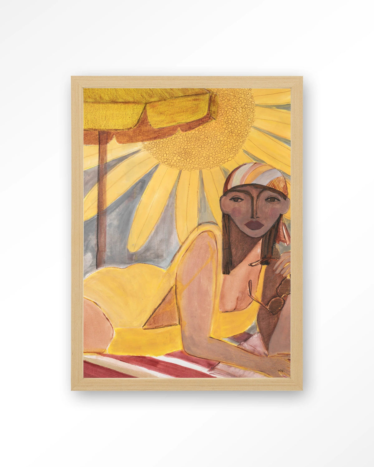 Sunflower Sun – vrouw op strand met zon – Art print – Hout naturel