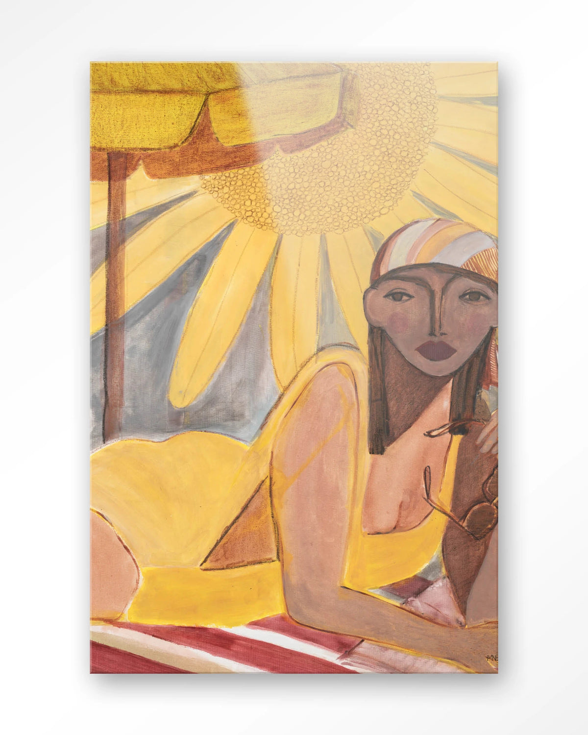 Sunflower Sun – vrouw op strand met zon – Glas – Blinde montage