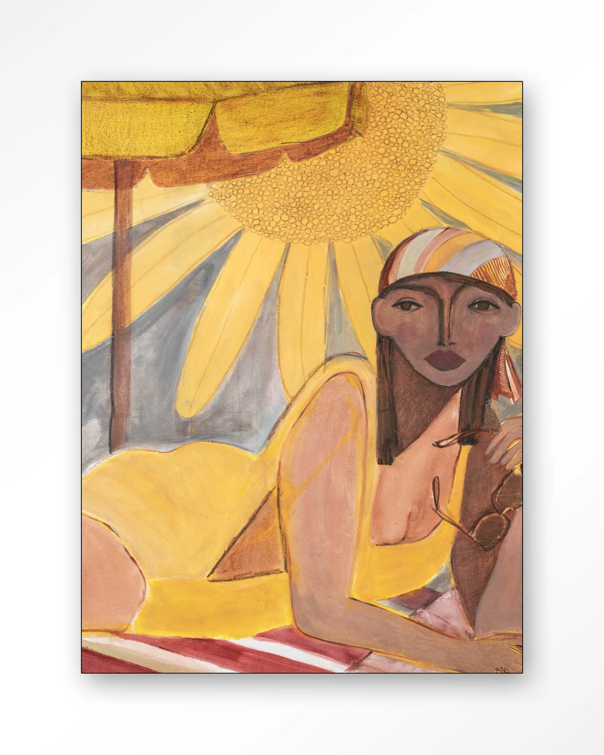 Sunflower Sun – vrouw op strand met zon – Wandkleed – Frame – zwart