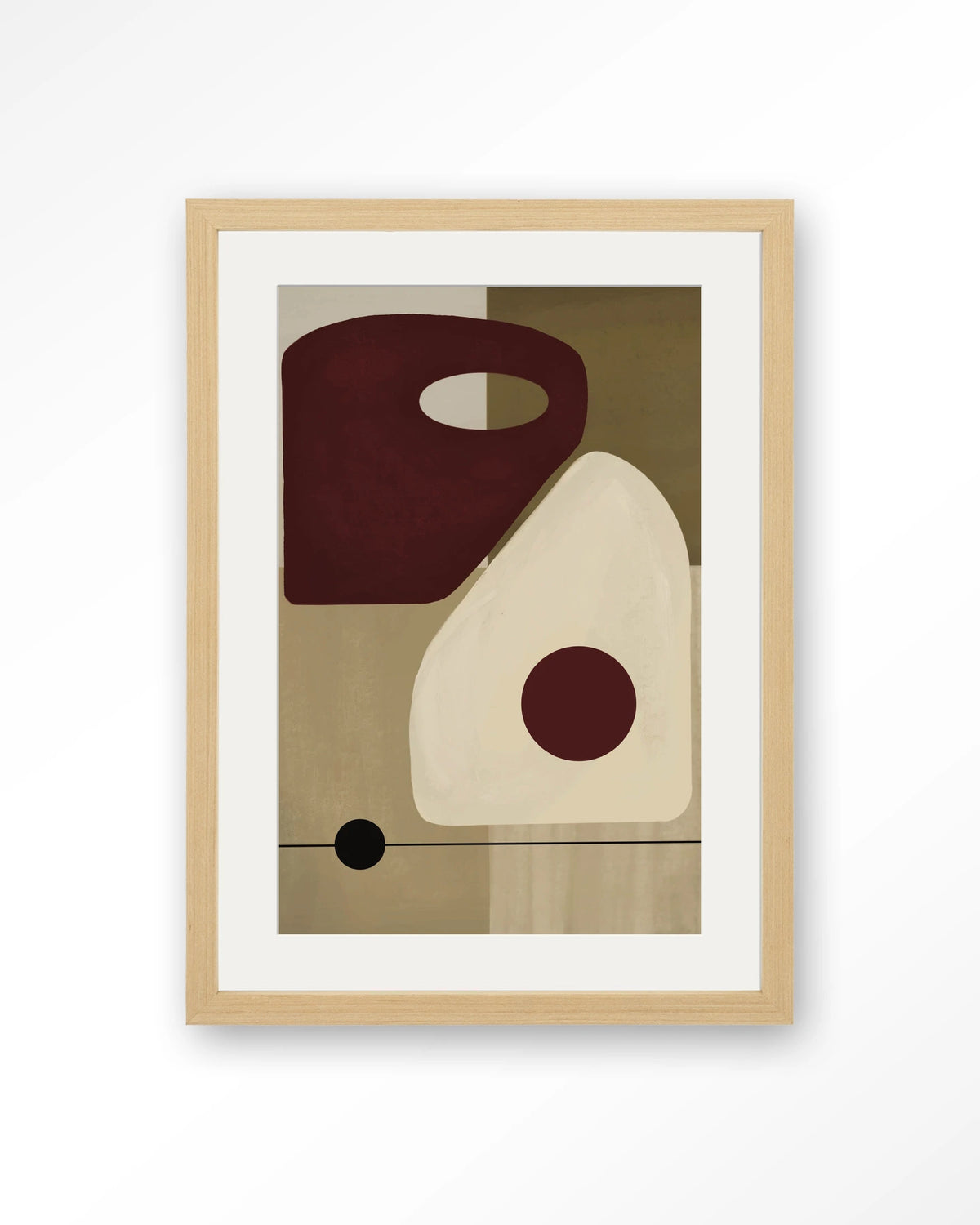 Polished – abstract in beige en bordeaux – Art print – Hout naturel + passe-partout