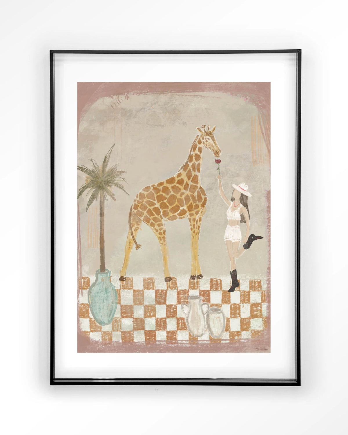 Feeding Rose – giraffe en meisje met palmboom – Art print – Acryl zwart