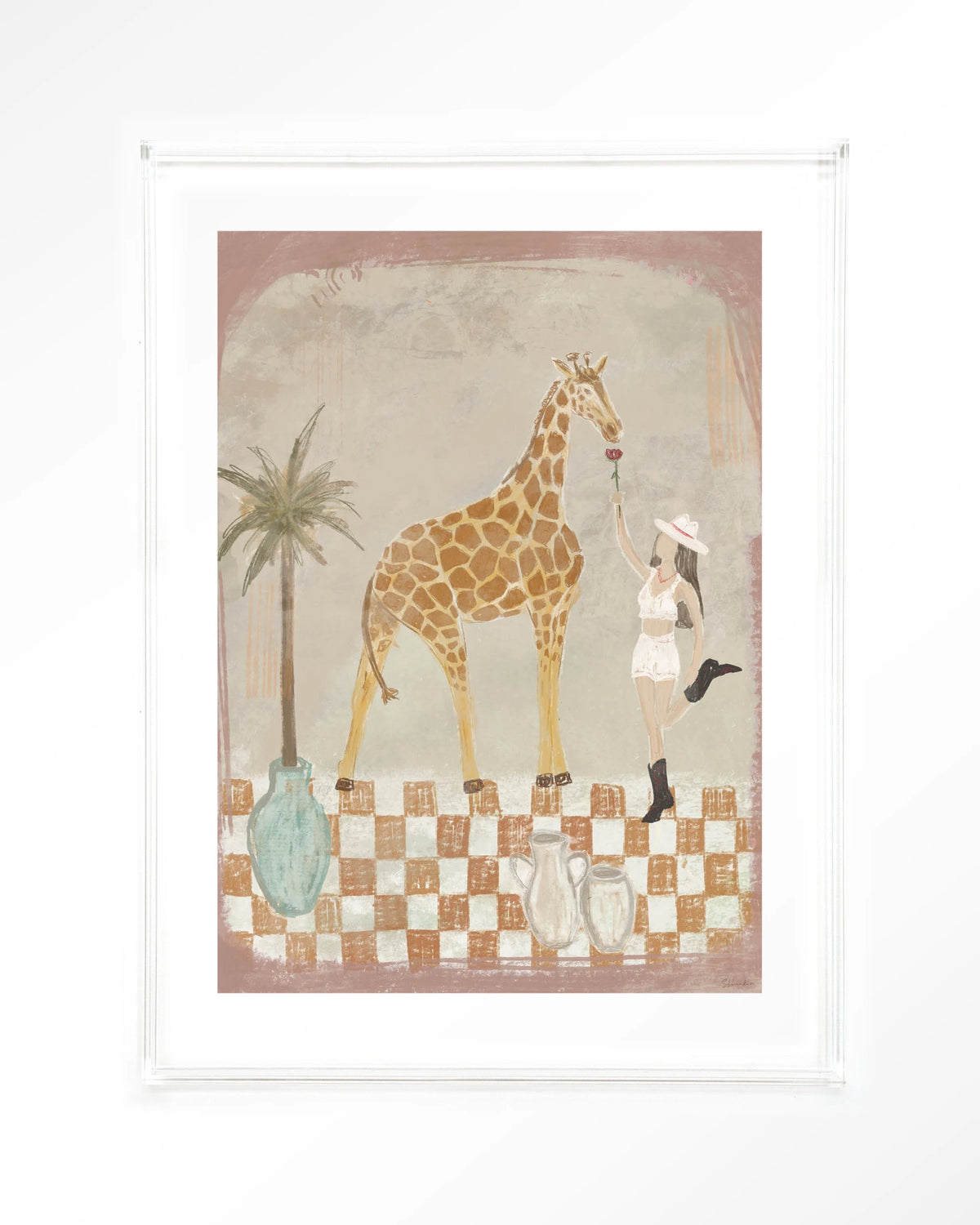 Feeding Rose – giraffe en meisje met palmboom – Art print – Acryl doorzichtig