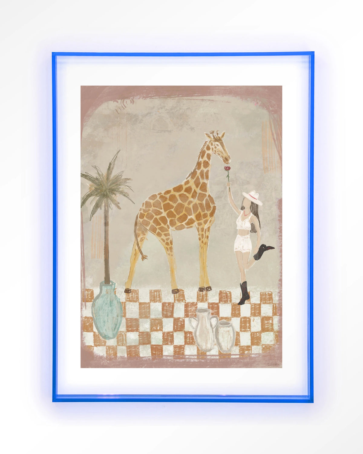 Feeding Rose – giraffe en meisje met palmboom – Art print – Acryl lichtblauw