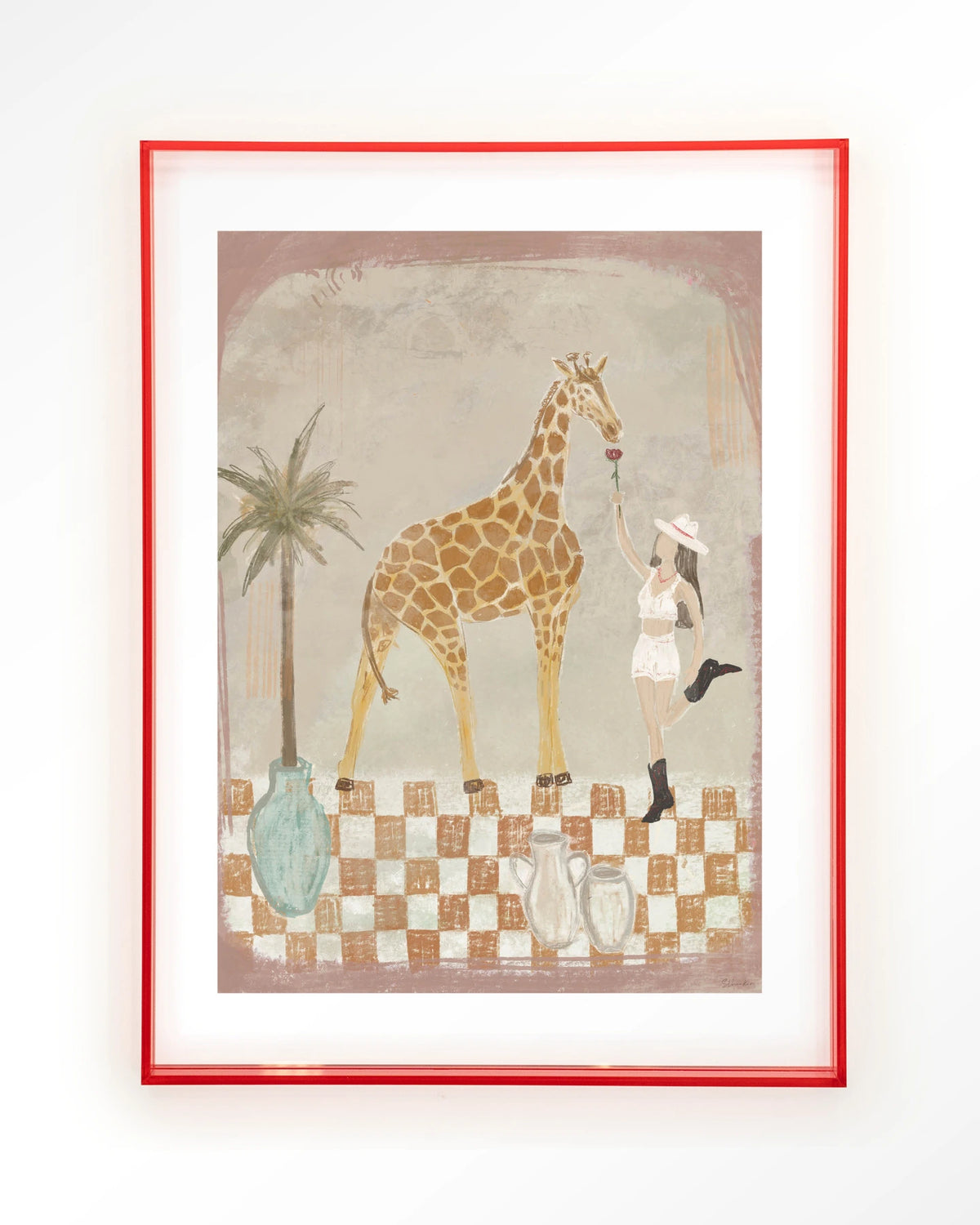 Feeding Rose – giraffe en meisje met palmboom – Art print – Acryl roze