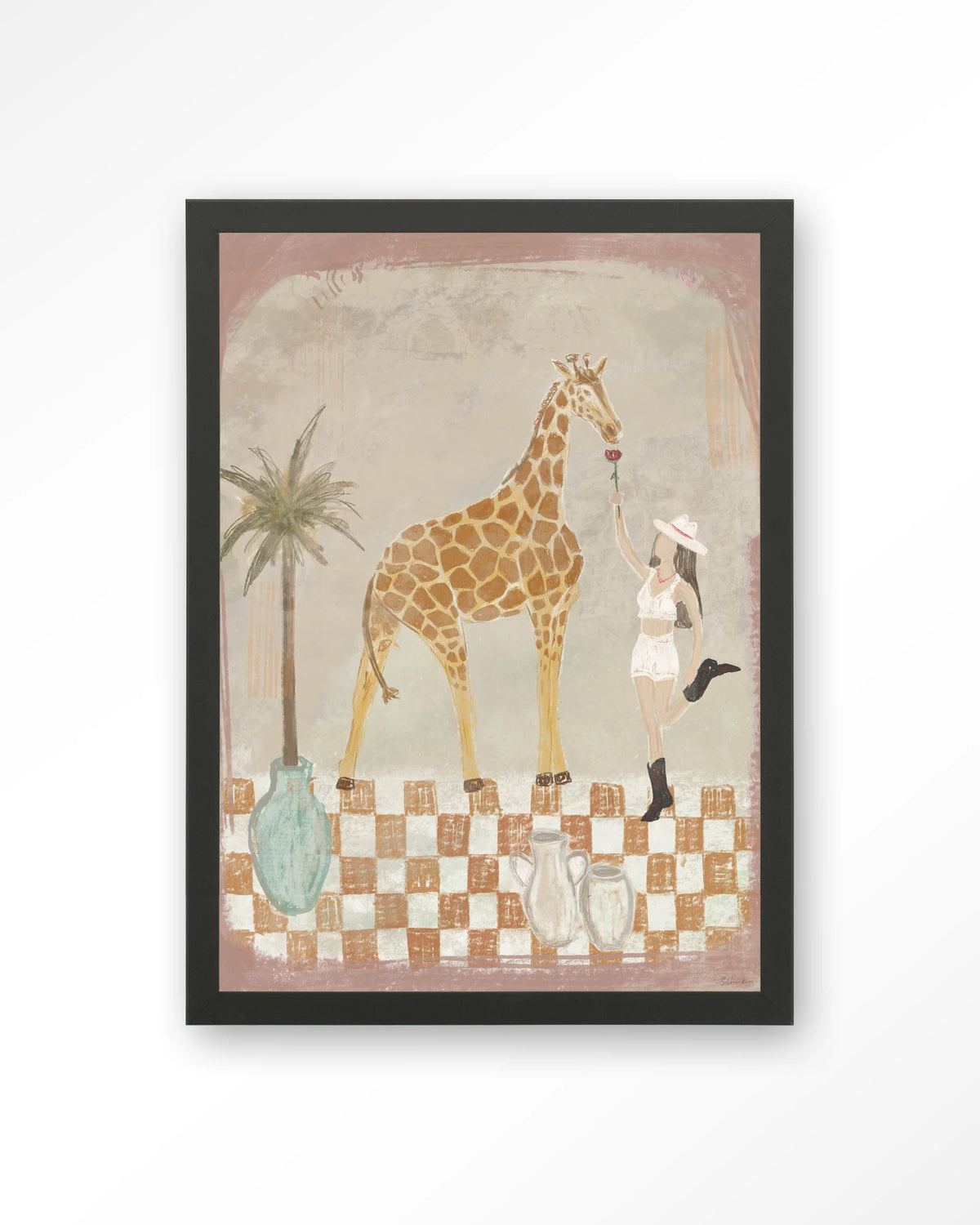 Feeding Rose – giraffe en meisje met palmboom – Art print – Hout zwart