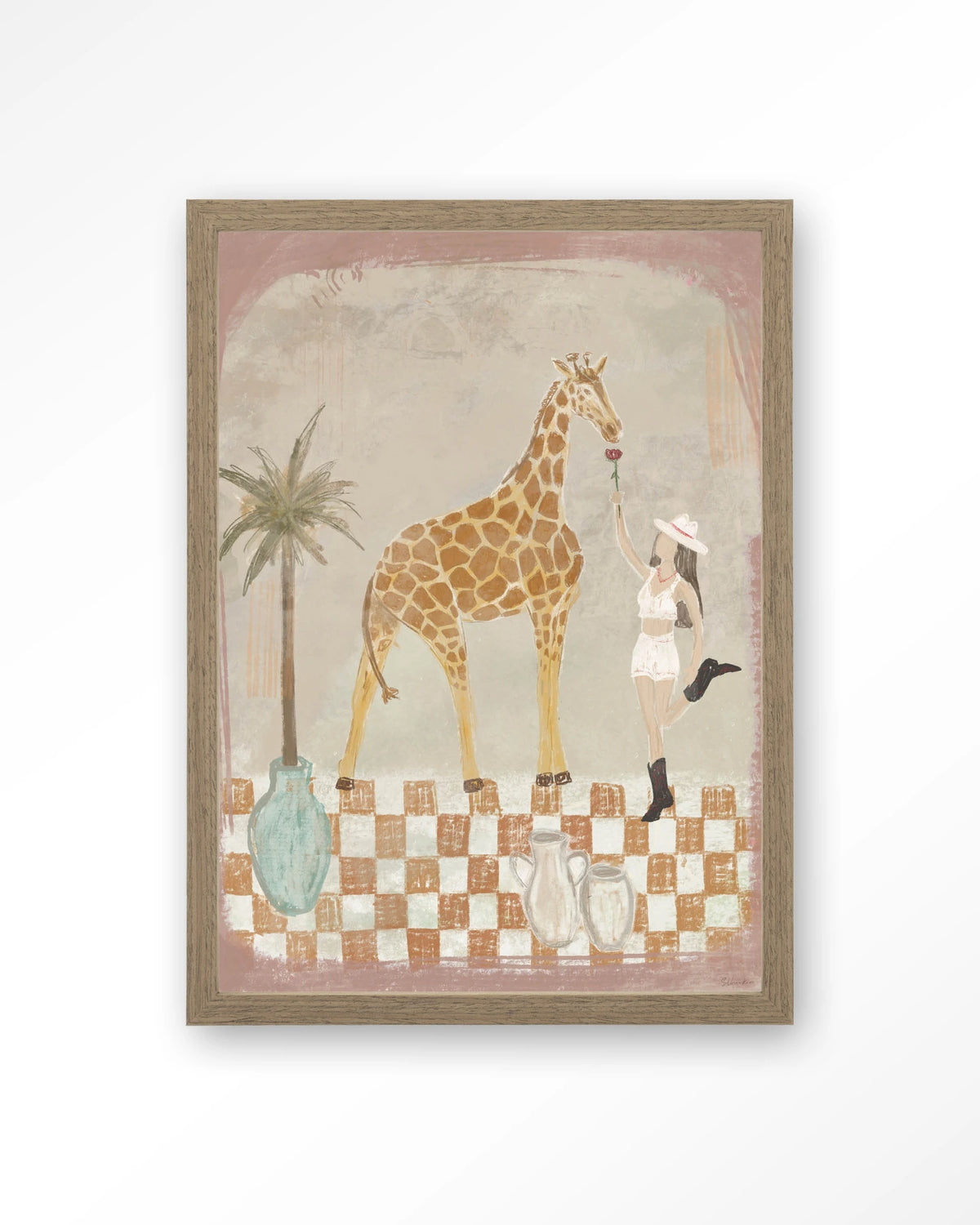 Feeding Rose – giraffe en meisje met palmboom – Art print – Hout bruin