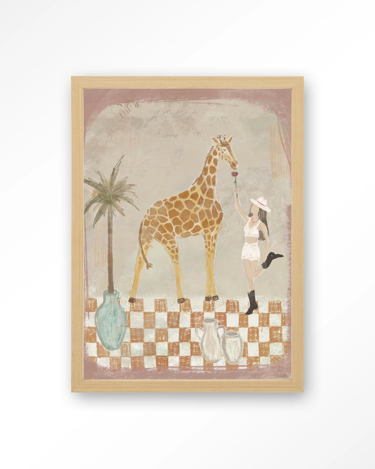 Feeding Rose – giraffe en meisje met palmboom – Art print – Hout naturel