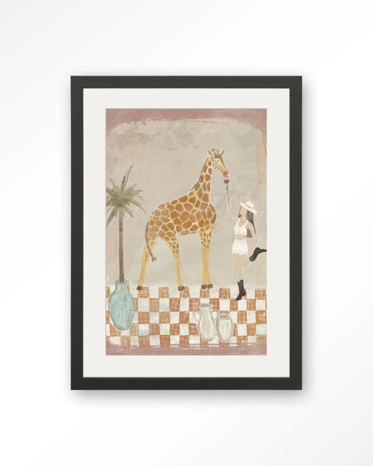Feeding Rose – giraffe en meisje met palmboom – Art print – Hout zwart + passe-partout