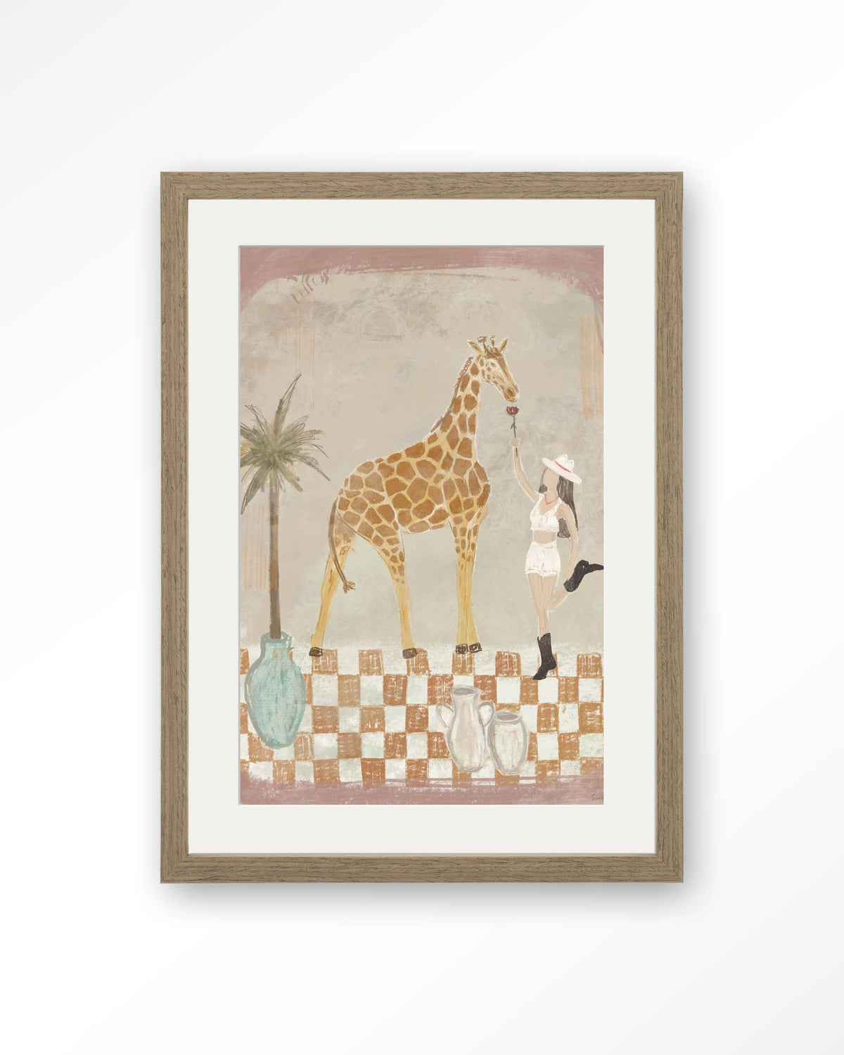 Feeding Rose – giraffe en meisje met palmboom – Art print – Hout bruin + passe-partout