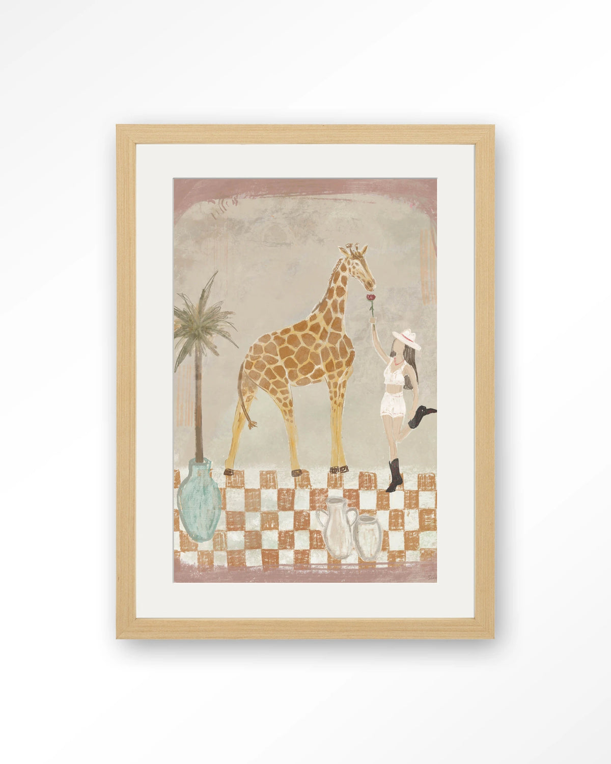 Feeding Rose – giraffe en meisje met palmboom – Art print – Hout naturel + passe-partout