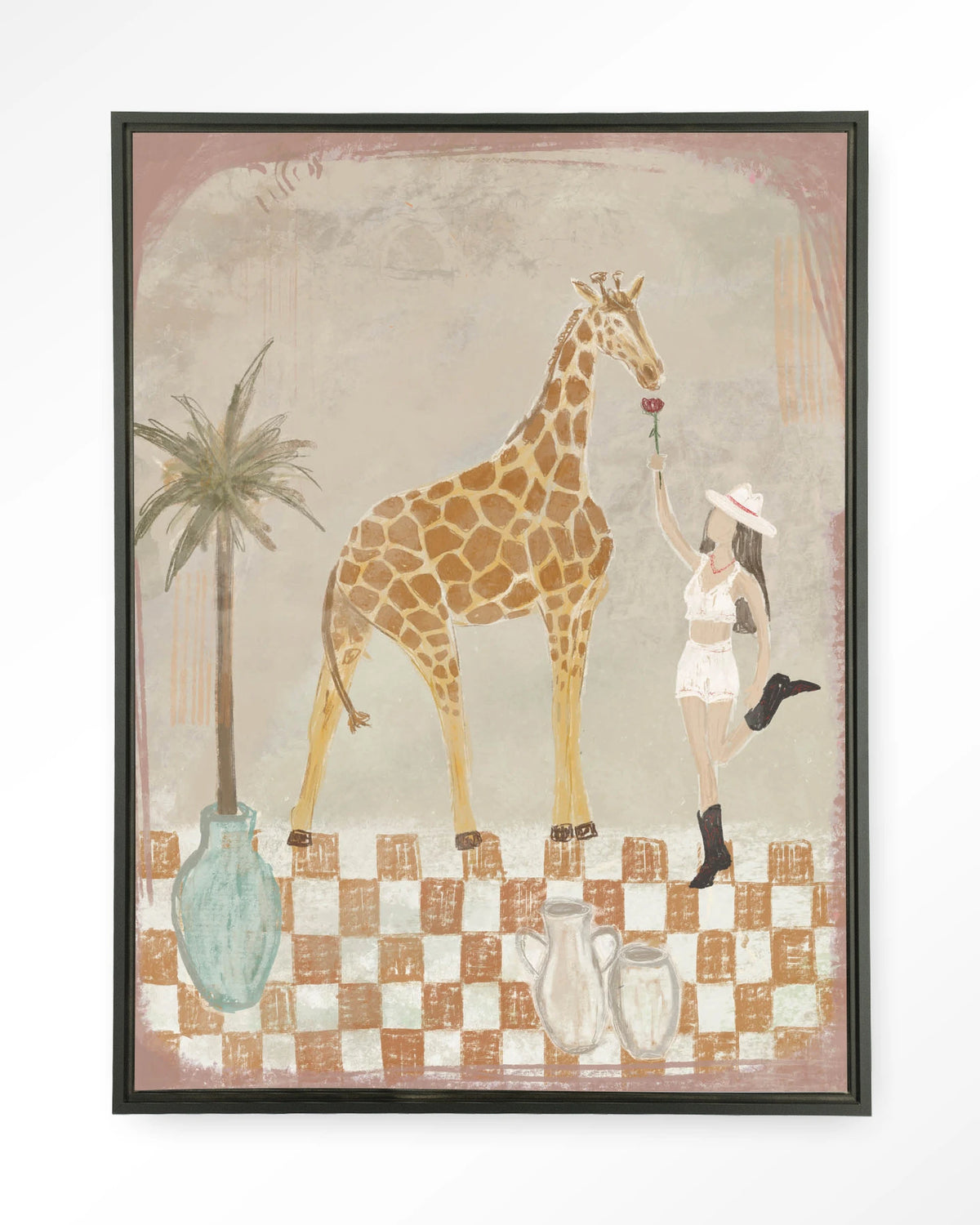 Feeding Rose – giraffe en meisje met palmboom – Wandkleed – Floating frame – zwart